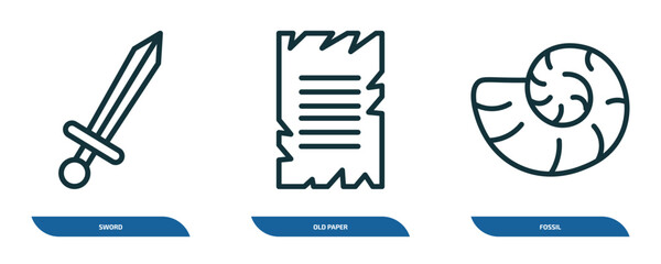 Poster - set of 3 linear icons from history concept. outline icons such as sword, old paper, fossil vector
