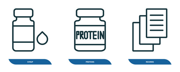 Poster - set of 3 linear icons from health and medical concept. outline icons such as syrup, proteins, records vector
