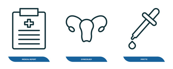 Poster - set of 3 linear icons from health and medical concept. outline icons such as medical report, gynecology, pipette vector