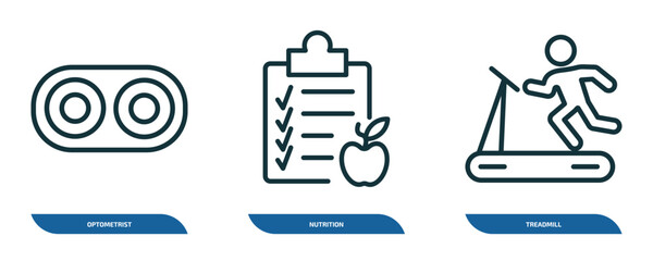 Poster - set of 3 linear icons from health and medical concept. outline icons such as optometrist, nutrition, treadmill vector