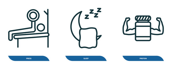 Poster - set of 3 linear icons from gym and fitness concept. outline icons such as press, sleep, protein vector