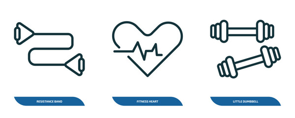 Poster - set of 3 linear icons from gym and fitness concept. outline icons such as resistance band, fitness heart, little dumbbell vector