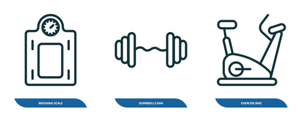 Poster - set of 3 linear icons from gym and fitness concept. outline icons such as weighing scale, dumbbells bar, exercise bike vector