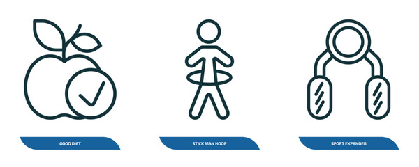 Poster - set of 3 linear icons from gym and fitness concept. outline icons such as good diet, stick man hoop, sport expander vector