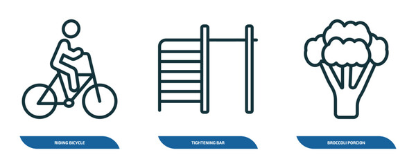 Poster - set of 3 linear icons from gym and fitness concept. outline icons such as riding bicycle, tightening bar, broccoli porcion vector