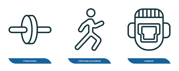 Poster - set of 3 linear icons from gym and fitness concept. outline icons such as fitness wheel, stretching leg exercise, headgear vector