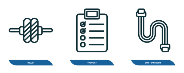Poster - set of 3 linear icons from gym and fitness concept. outline icons such as roller, to do list, chest expanders vector