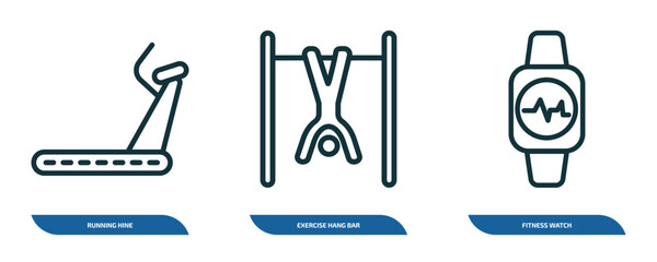Poster - set of 3 linear icons from gym and fitness concept. outline icons such as running hine, exercise hang bar, fitness watch vector
