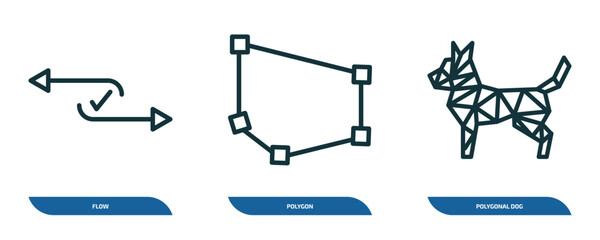 Poster - set of 3 linear icons from geometry concept. outline icons such as flow, polygon, polygonal dog vector