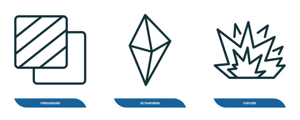 Poster - set of 3 linear icons from geometry concept. outline icons such as foreground, octahedron, explode vector