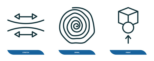 Poster - set of 3 linear icons from geometry concept. outline icons such as stretch, spiral, front vector