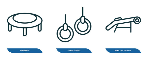 Poster - set of 3 linear icons from gym and fitness concept. outline icons such as trampoline, gymnastic rings, simulator for press vector