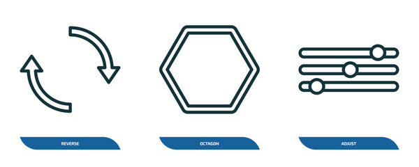 Poster - set of 3 linear icons from geometry concept. outline icons such as reverse, octagon, adjust vector
