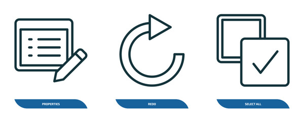 Poster - set of 3 linear icons from geometry concept. outline icons such as properties, redo, select all vect