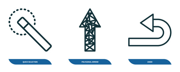 Poster - set of 3 linear icons from geometry concept. outline icons such as quick selection, polygonal arrow up, undo vector