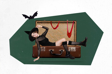 Poster - Collage picture image of happy witch lady sit vintage old valise enjoy halloween atmosphere isolated on abstract background