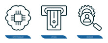 Set Of 3 Linear Icons From General Concept. Outline Icons Such As Future Technology, Atm Cash, Hr Services Vector