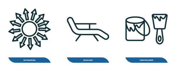 Poster - set of 3 linear icons from general concept. outline icons such as outsourcing, deckchair, painting work vector