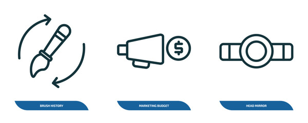 Poster - set of 3 linear icons from general concept. outline icons such as brush history, marketing budget, head mirror vector