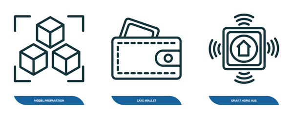 Poster - set of 3 linear icons from general concept. outline icons such as model preparation, card wallet, smart home hub vector