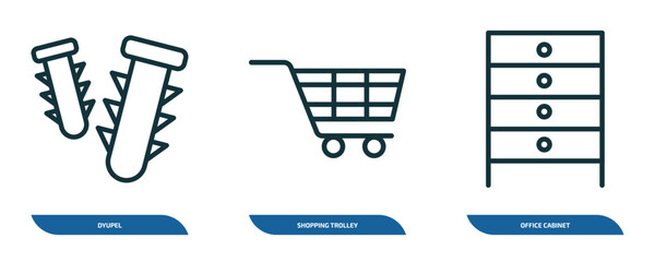Poster - set of 3 linear icons from general concept. outline icons such as dyupel, shopping trolley, office cabinet vector