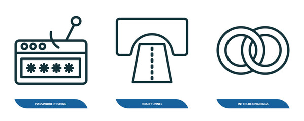 Poster - set of 3 linear icons from general concept. outline icons such as password phishing, road tunnel, interlocking rings vector