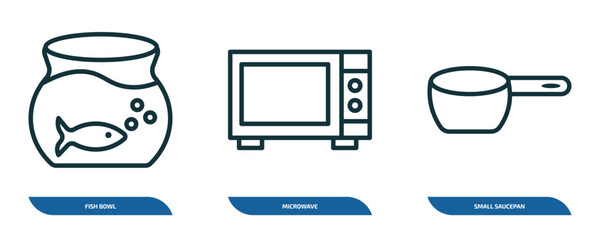 Poster - set of 3 linear icons from furniture & household concept. outline icons such as fish bowl, microwave, small saucepan vector