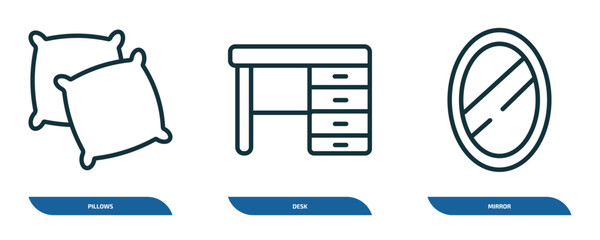 Poster - set of 3 linear icons from furniture & household concept. outline icons such as pillows, desk, mirror vector
