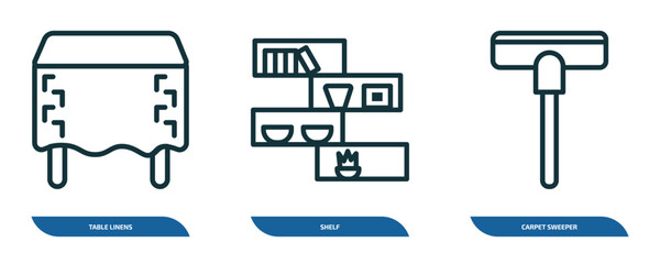Poster - set of 3 linear icons from furniture & household concept. outline icons such as table linens, shelf, carpet sweeper vector