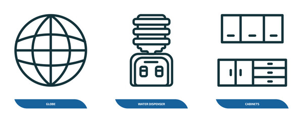 Poster - set of 3 linear icons from furniture & household concept. outline icons such as globe, water dispenser, cabinets vector