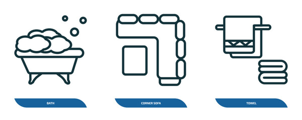 Poster - set of 3 linear icons from furniture & household concept. outline icons such as bath, corner sofa, towel vector