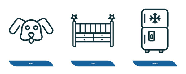 Poster - set of 3 linear icons from furniture & household concept. outline icons such as dog, crib, fridge vector
