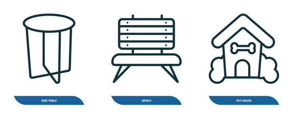 Poster - set of 3 linear icons from furniture & household concept. outline icons such as side table, bench, pet house vector