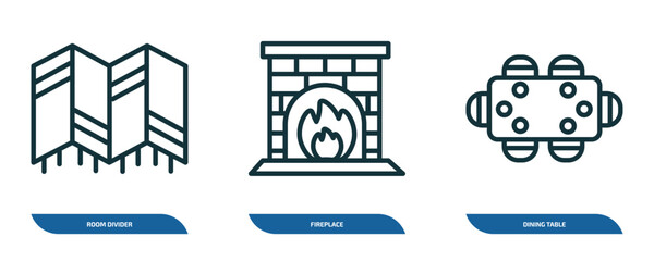 Poster - set of 3 linear icons from furniture & household concept. outline icons such as room divider, fireplace, dining table vector