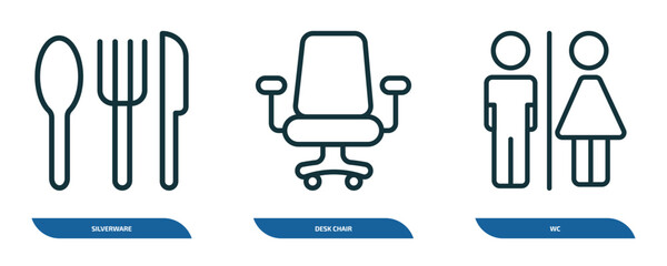 Poster - set of 3 linear icons from furniture & household concept. outline icons such as silverware, desk chair, wc vector