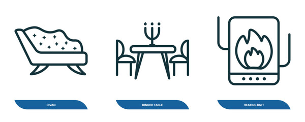 Poster - set of 3 linear icons from furniture & household concept. outline icons such as divan, dinner table, heating unit vector