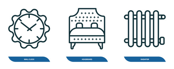 Poster - set of 3 linear icons from furniture & household concept. outline icons such as wall clock, headboard, radiator vector