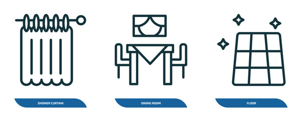Poster - set of 3 linear icons from furniture & household concept. outline icons such as shower curtain, dining room, floor vector