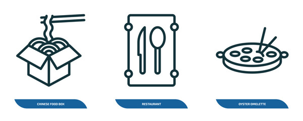 Poster - set of 3 linear icons from food concept. outline icons such as chinese food box, restaurant, oyster omelette vector