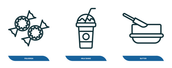 Poster - set of 3 linear icons from food concept. outline icons such as polvoron, milk shake, butter vector