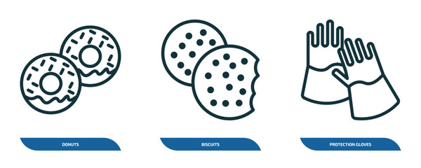 Poster - set of 3 linear icons from food concept. outline icons such as donuts, biscuits, protection gloves vector