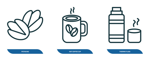 Poster - set of 3 linear icons from food concept. outline icons such as pistachio, hot coffee cup, thermo flask vector