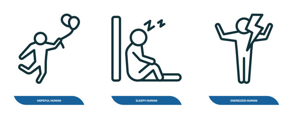 Poster - set of 3 linear icons from feelings concept. outline icons such as hopeful human, sleepy human, energized human vector