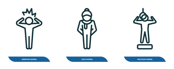 Poster - set of 3 linear icons from feelings concept. outline icons such as annoyed human, cold human, helpless human vector