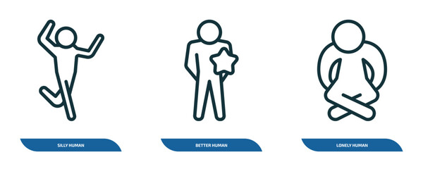 Poster - set of 3 linear icons from feelings concept. outline icons such as silly human, better human, lonely human vector