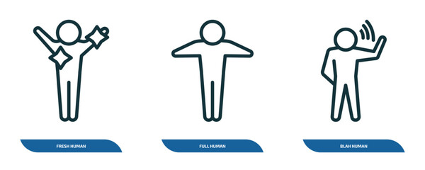 Poster - set of 3 linear icons from feelings concept. outline icons such as fresh human, full human, blah human vector