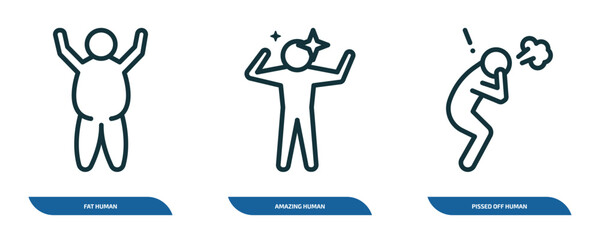 Poster - set of 3 linear icons from feelings concept. outline icons such as fat human, amazing human, pissed off human vector