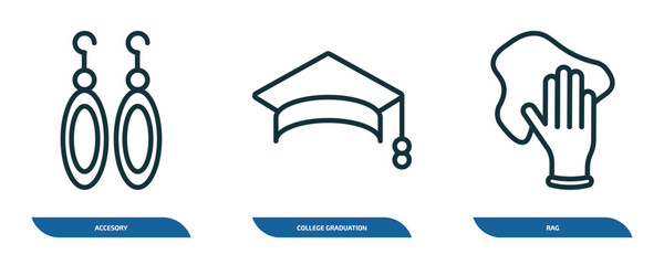 Poster - set of 3 linear icons from fashion concept. outline icons such as accesory, college graduation cap, 