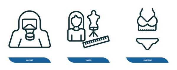 Poster - set of 3 linear icons from fashion concept. outline icons such as hazmat, tailor, lingerine vector