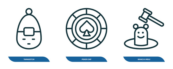 Poster - set of 3 linear icons from entertainment concept. outline icons such as tamagotchi, poker chip, whack a mole vector